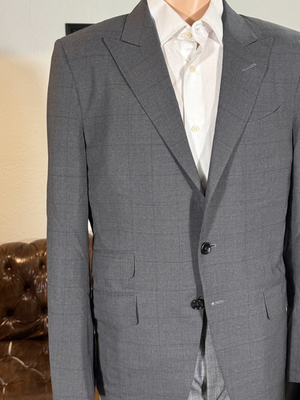 Tom Ford Charcoal Windowpane Blazer Sport Jacket 48C 38S US Peak Lapels O'Connor